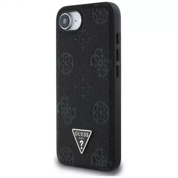 Coque MagSafe Guess Grained Hot Stamp Peony Triangle Logo pour iPhone 16e (noire)