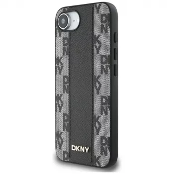 Coque MagSafe DKNY Leather Checkered Mono Pattern pour iPhone 16e / 17e noire