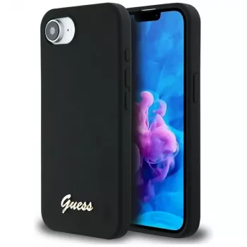 Coque MagSafe Guess Silicone Script Metal Logo pour iPhone 16e (noire)