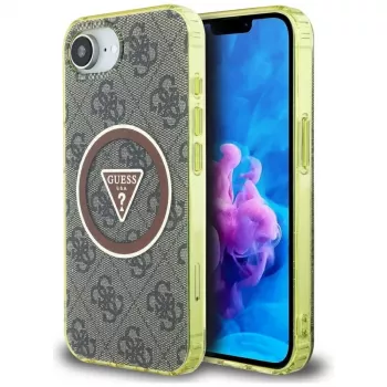 Coque MagSafe Guess IML Metal Glitter 4G Circle Triangle pour Apple iPhone 16e (marron)