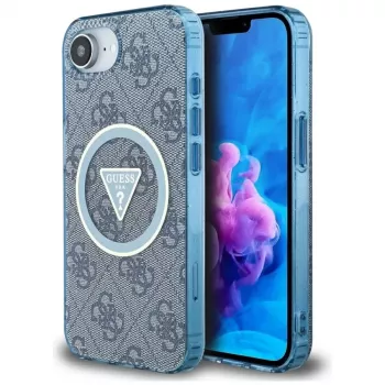 Coque MagSafe Guess IML Metal Glitter 4G Circle Triangle pour iPhone 16e (bleue)