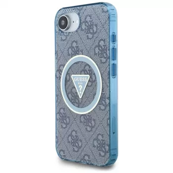 Coque MagSafe Guess IML Metal Glitter 4G Circle Triangle pour iPhone 16e (bleue)