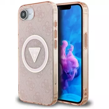Coque MagSafe Guess IML Metal Glitter 4G Circle Triangle pour Apple iPhone 16e (rose)