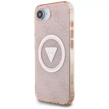 Coque MagSafe Guess IML Metal Glitter 4G Circle Triangle pour Apple iPhone 16e (rose)