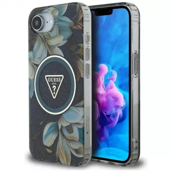 Coque Guess IML Metal Glitter Flowers Triangle MagSafe pour Apple iPhone 16e noire