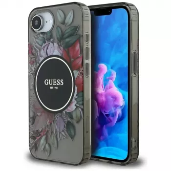 Coque Guess IML Flowers MagSafe pour iPhone 16e noire