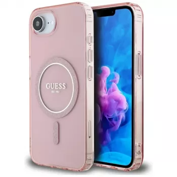 Coque Guess IML Glitter Circle MagSafe pour iPhone 16e rose