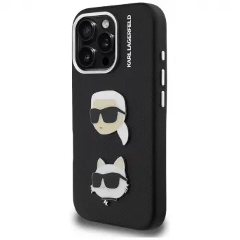 Coque KARL LAGERFELD FW Grained Karl & Choupette Heads Pins pour iPhone 16 Pro noire