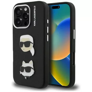 Coque KARL LAGERFELD FW Grained Karl & Choupette Heads Pins pour iPhone 16 Pro Max noire