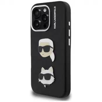 Coque KARL LAGERFELD FW Grained Karl & Choupette Heads Pins pour iPhone 16 Pro Max noire