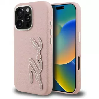 Coque KARL LAGERFELD FW Grained Signature Logo pour iPhone 16 Pro Max rose
