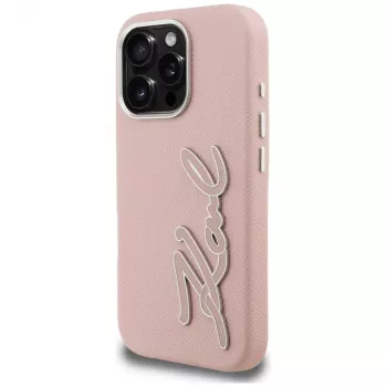 Coque KARL LAGERFELD FW Grained Signature Logo pour iPhone 16 Pro Max rose
