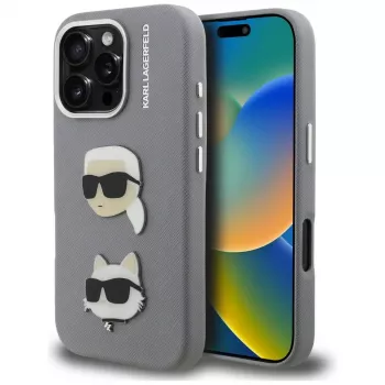 Coque KARL LAGERFELD FW Grained Karl & Choupette Heads Pins pour iPhone 16 Pro Max grise