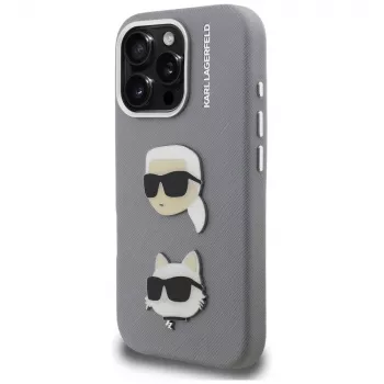 Coque KARL LAGERFELD FW Grained Karl & Choupette Heads Pins pour iPhone 16 Pro Max grise