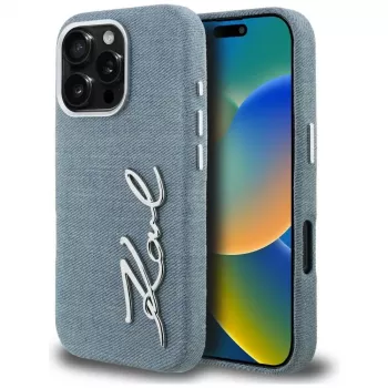 Coque KARL LAGERFELD FW Jeans Signature Logo pour iPhone 16 Pro Max bleue