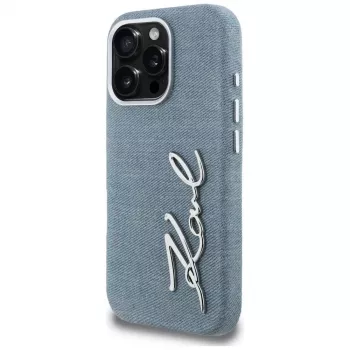Coque KARL LAGERFELD FW Jeans Signature Logo pour iPhone 16 Pro Max bleue