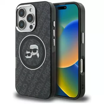 Coque Karl Lagerfeld IML Glitter Karl & Choupette Heads Logo MagSafe pour Apple iPhone 16 Pro noire