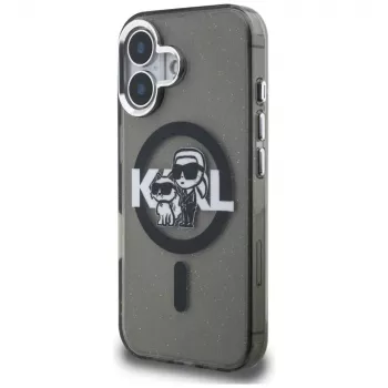 Coque KARL LAGERFELD IML Glitter Karl & Choupette Sketch Logo MagSafe pour iPhone 16 noire
