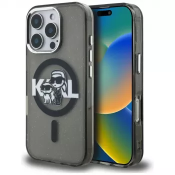 Coque Karl Lagerfeld IML Glitter Karl & Choupette Sketch Logo MagSafe pour iPhone 16 Pro noire