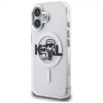 Coque MagSafe Karl Lagerfeld IML Glitter Karl & Choupette Sketch Logo pour iPhone 16, transparente