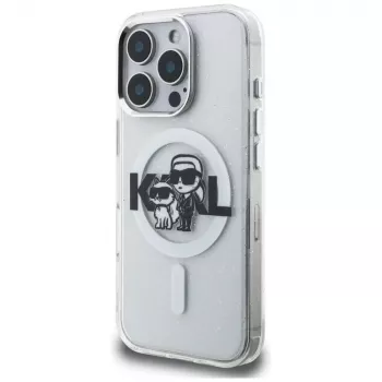 Coque MagSafe Karl Lagerfeld IML Glitter Karl & Choupette Sketch Logo pour iPhone 16 Pro Max, transparente