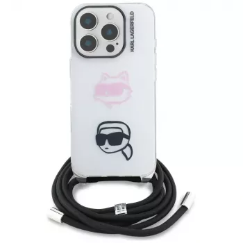 Coque bandoulière KARL LAGERFELD IML pour iPhone 16 Pro Max, blanche, design tête Karl & Choupette
