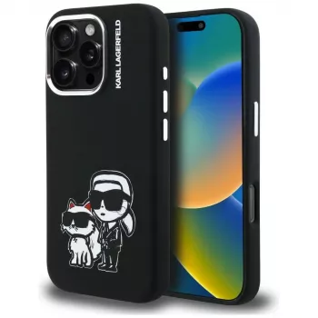 Coque MagSafe KARL LAGERFELD en silicone Karl & Choupette Sketch pour Apple iPhone 16 Pro, noire