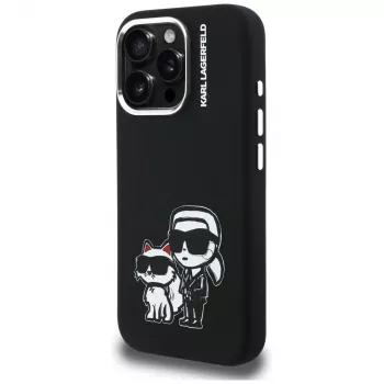 Coque MagSafe KARL LAGERFELD en silicone Karl & Choupette Sketch pour Apple iPhone 16 Pro, noire