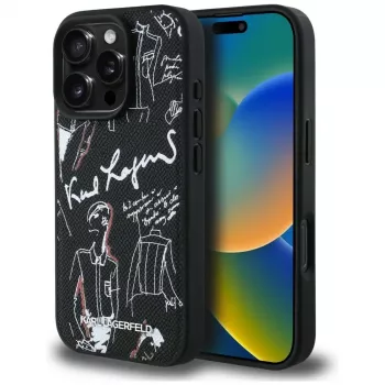 Coque MagSafe KARL LAGERFELD Grained Pattern & Logo pour iPhone 16 Pro, noire