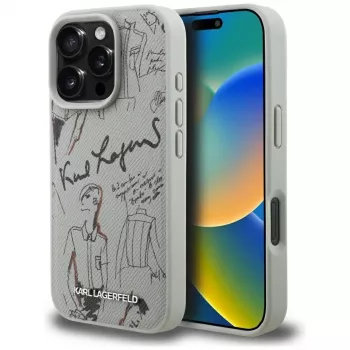 Coque MagSafe Karl Lagerfeld Grained Pattern & Logo pour Apple iPhone 16 Pro, grise