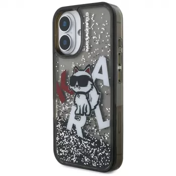 Coque KARL LAGERFELD Liquid Glitter Choupette Logo pour iPhone 16, noire