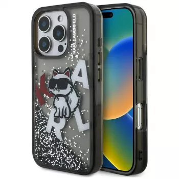 Coque KARL LAGERFELD Liquid Glitter Choupette Logo pour iPhone 16 Pro, noire