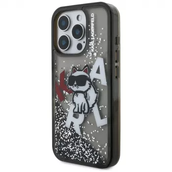 Coque KARL LAGERFELD Liquid Glitter Choupette Logo pour iPhone 16 Pro, noire