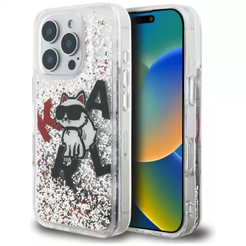 Coque KARL LAGERFELD Liquid Glitter Choupette Logo pour iPhone 16 Pro, transparente