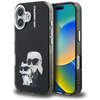 Coque arrière KARL LAGERFELD IML Aquarelle Karl & Choupette & Logo pour Apple iPhone 16, noire
