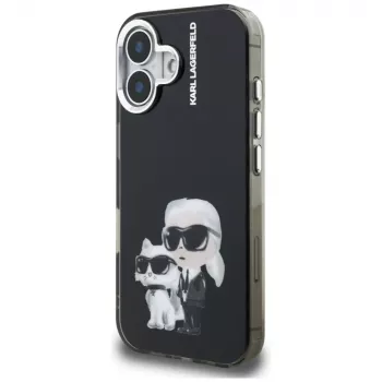 Coque arrière KARL LAGERFELD IML Aquarelle Karl & Choupette & Logo pour Apple iPhone 16, noire