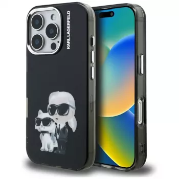 Coque Karl Lagerfeld IML Aquarelle Karl & Choupette & Logo pour Apple iPhone 16 Pro Max, noire