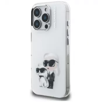 Coque arrière Karl Lagerfeld IML Aquarelle Karl & Choupette & Logo pour Apple iPhone 16 Pro, blanche