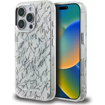 Coque MagSafe Karl Lagerfeld IML Karl ScriptPattern pour Apple iPhone 16 Pro, blanche