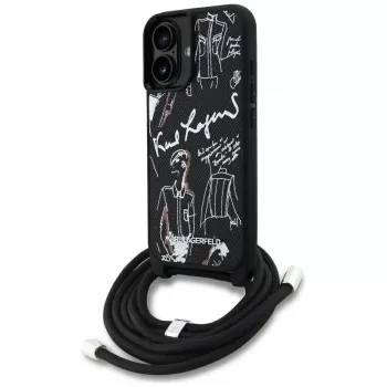 Coque bandoulière Karl Lagerfeld GrainedPattern & Logo pour iPhone 16, noire