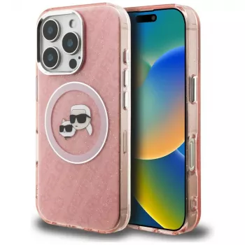 Coque MagSafe Karl Lagerfeld IML Glitter Karl & Choupette Heads Logo pour iPhone 16 Pro, rose