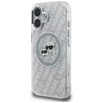 Coque MagSafe KARL LAGERFELD IML Glitter Karl & Choupette Heads Logo pour iPhone 16, grise