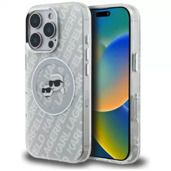 Coque MagSafe KARL LAGERFELD IML Glitter Karl & Choupette Heads Logo pour iPhone 16 Pro, grise