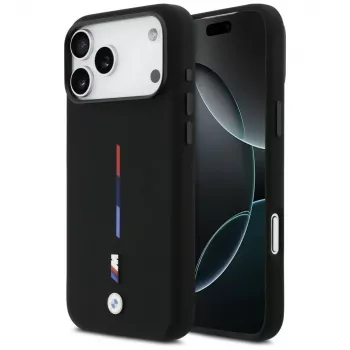 Coque MagSafe BMW M Silicon Tricolor Line pour Apple iPhone 17 Pro Max, noire
