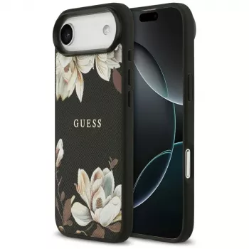 Coque MagSafe Guess Grained Flowers Classic Logo pour Apple iPhone Air - noire