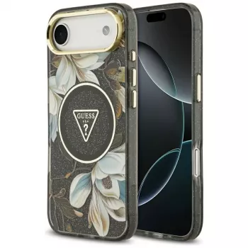 Coque MagSafe Guess IML Glitter Flowers Triangle pour iPhone Air - noir