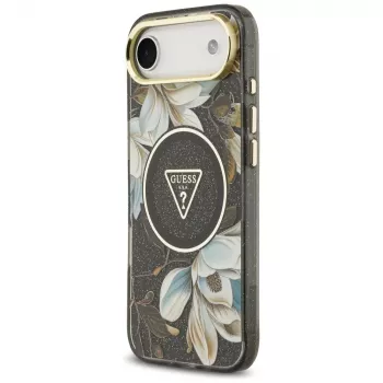 Coque MagSafe Guess IML Glitter Flowers Triangle pour iPhone Air - noir