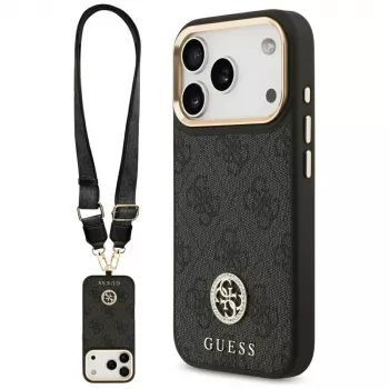 Coque MagSafe Guess 4G Strass Logo & Big Strap Metal Buttons pour iPhone 17 Pro noire