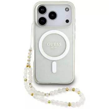 Coque MagSafe Guess IML Glitter Pearl Strap pour iPhone 17 Pro, transparente