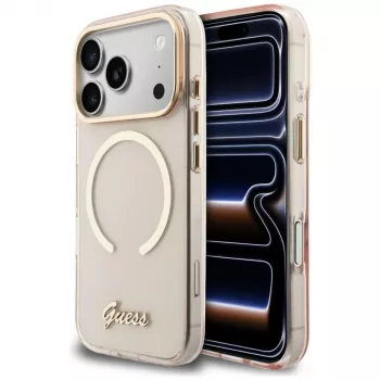 Coque MagSafe Guess IML Script Metal pour iPhone 15 Pro, rose
